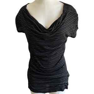 Banana Republic Blouse Women M Black Gold Stripe Cowl Neck Metallic Short Sleeve